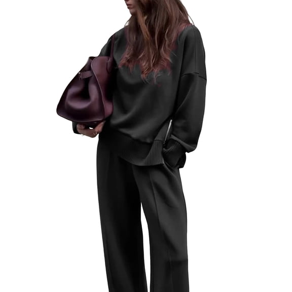 Casual Winter Two Piece Sets for Women Crew Neck Sweatshirt Loose Wide Leg Pants Tracksuit Knit Fall Outfits Black S