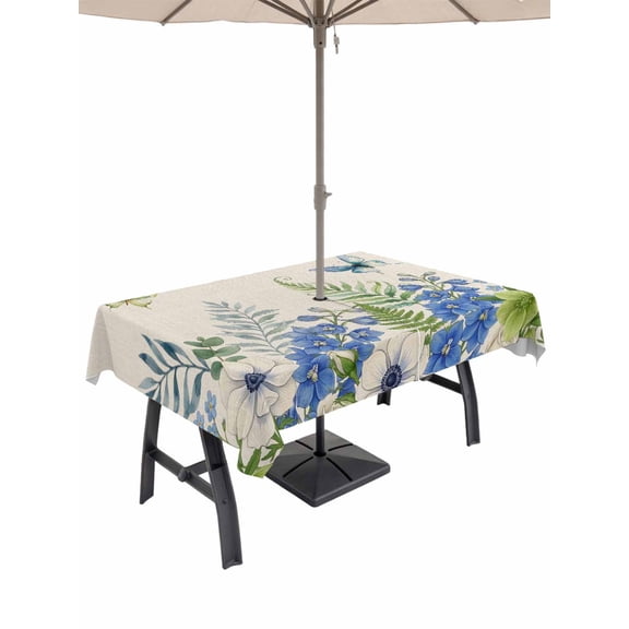 Outdoor Tablecloth with Umbrella Hole for Patio/Picnic/Party/Camping, Spring Botanical Waterproof Table Cloth Rectangle Table Cover Washable, Watercolor Floral Leaves Butterflies Beige (60"x 84")