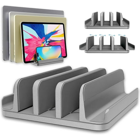 Vertical Laptop Stand Holder 5 Slots, Aluminum Space-Saving Laptop Holder, Adjustable Size Dock Tabletop Desk Organizer 3 Slot + 2 for Apple MacBook/Surface/PC/Tablet/iPad/iPhone (Space Gray)