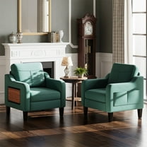 EOP Modern Upholstered Armchairs Set of 2, Linen Fabric Accent Chairs with 2 Side Pockets, Living Room Chairs with Foldable Table, Comfy Reading Chairs for Bedroom, Green