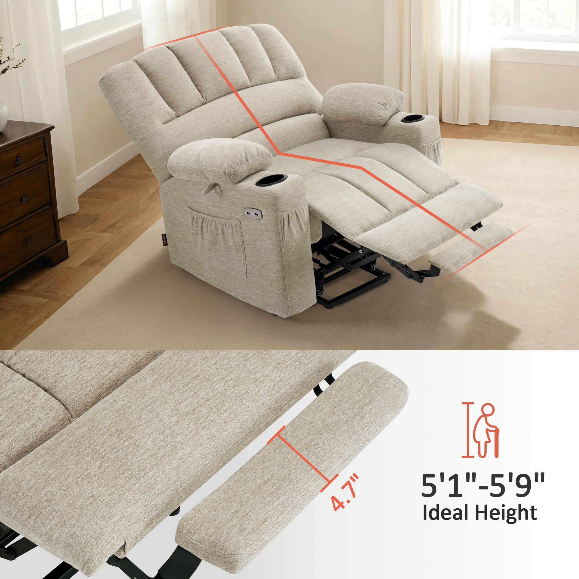MCombo Oversized Power Lift Recliner Chair, 27.2'' Extra-Wide Seat, Fabric(Medium-Wide, Beige)