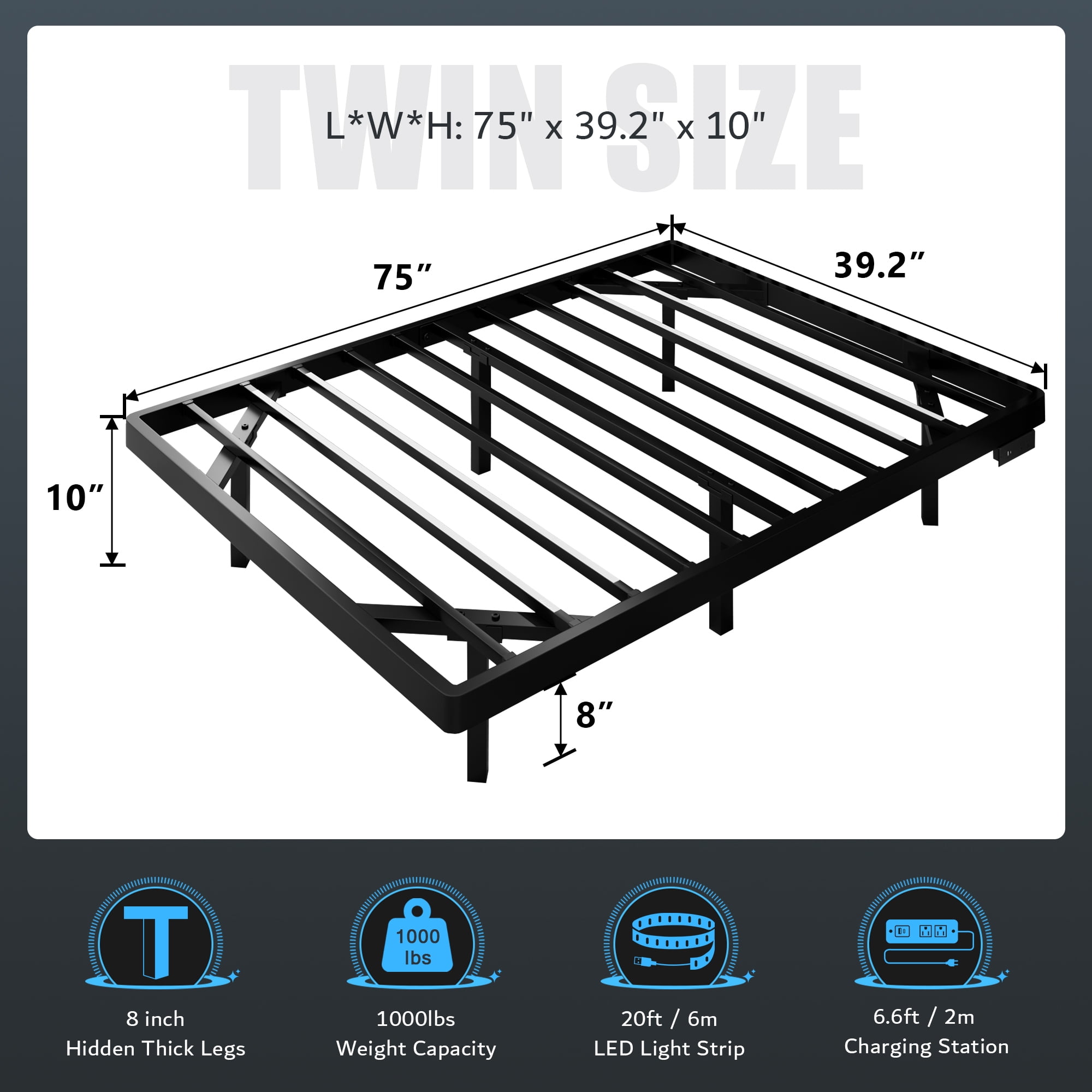 Virans Twin Size Floating Bed Frame with RGB LED Lights and Charging Station, Heavy Duty Metal Platform Beds, No Box Spring Needed, Black