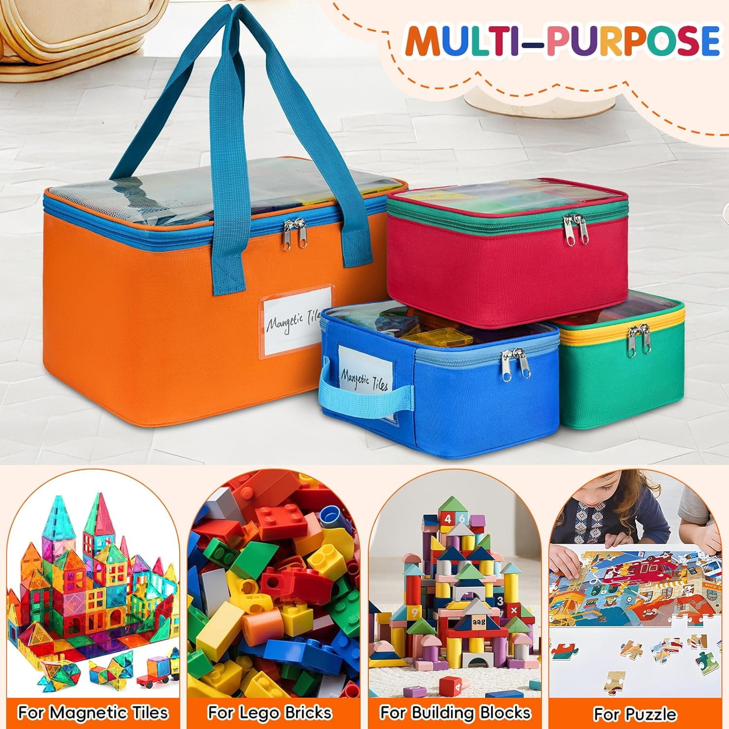 4 Packs Magnetic Tiles Storage Bags,Magnetic Tiles Storage Bin,Toy Organizer Case with Mesh Pocket and Tag Pocket for Magnet Building Tiles,Board Game,Puzzle and  Bricks