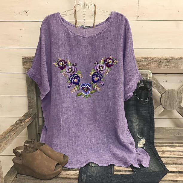 Fiudx Ofertas Flash Del Día Camiseta Holgada Informal con Estampado de Bordado para Mujer, Tops de Manga Corta y Blusa de Lino