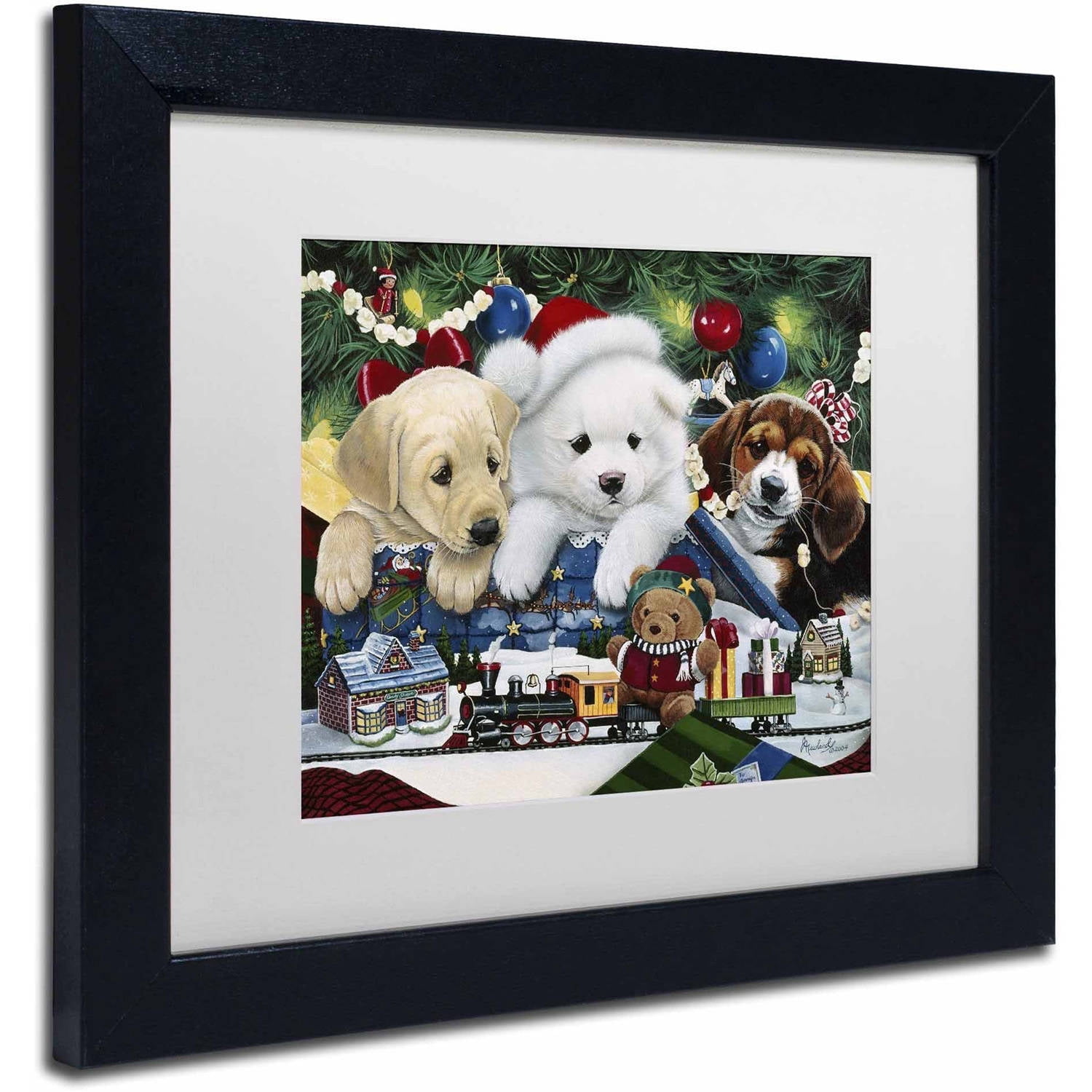 Trademark Fine Art 'Curious Christmas Pups' Canvas Art by Jenny Newland, White Matte, Black Frame