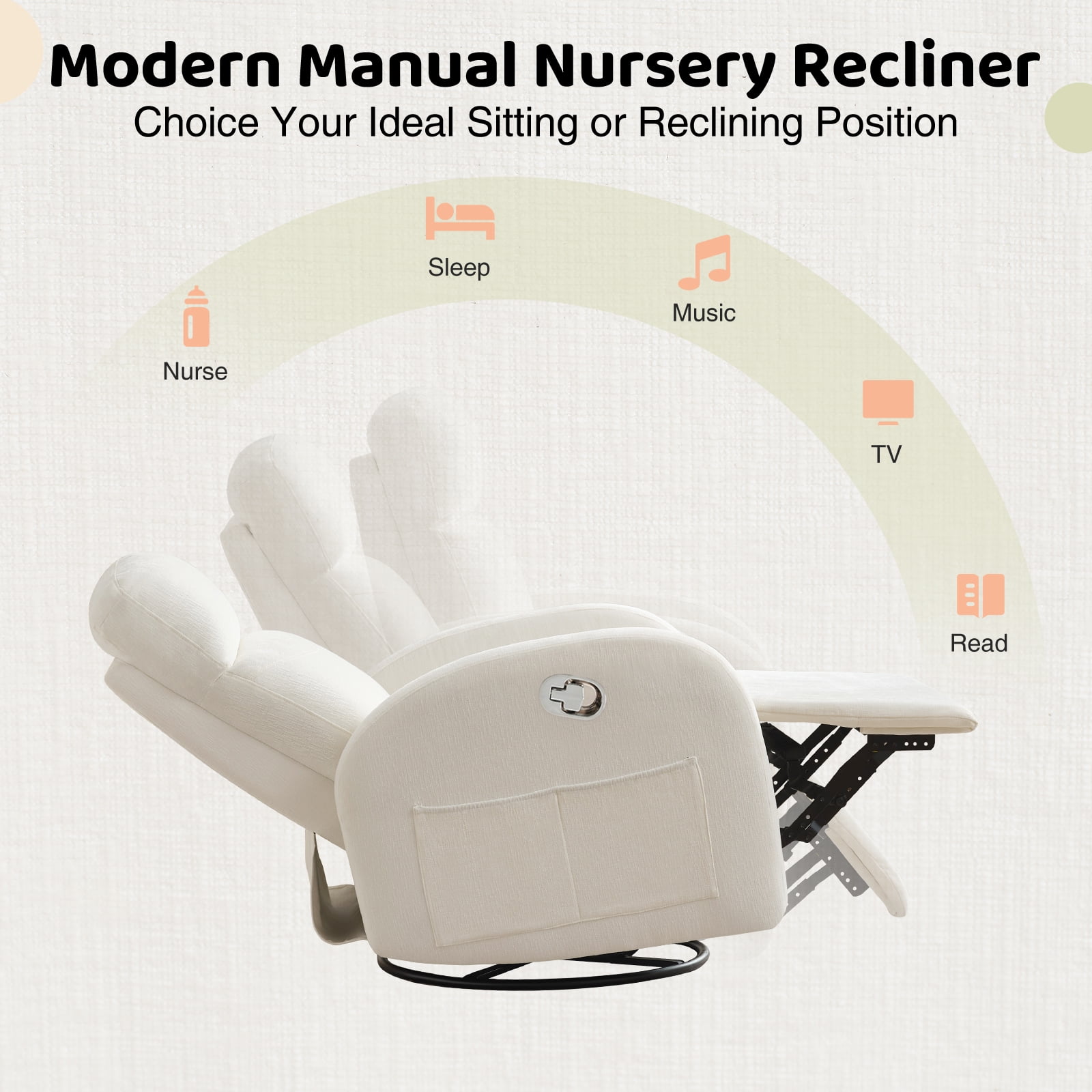 Aemeios Chenille Swivel Rocker Glider Manual Recliner Nursery Rocking Chair with Double Pockets, White