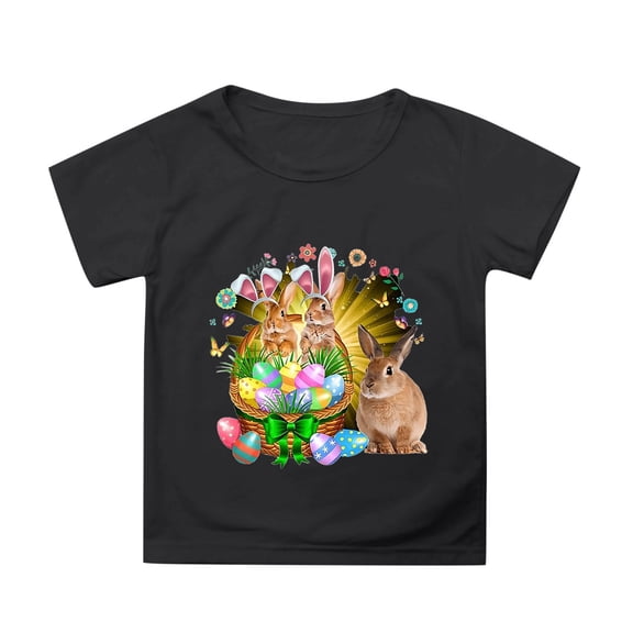 MIXUE Toddler Girls Tops & T-Shirts Easter Bunny Round Neck Short Sleeve Casual Solid Color Tops Pullover Tee Shirts Streetwear,Black,3-4 Years