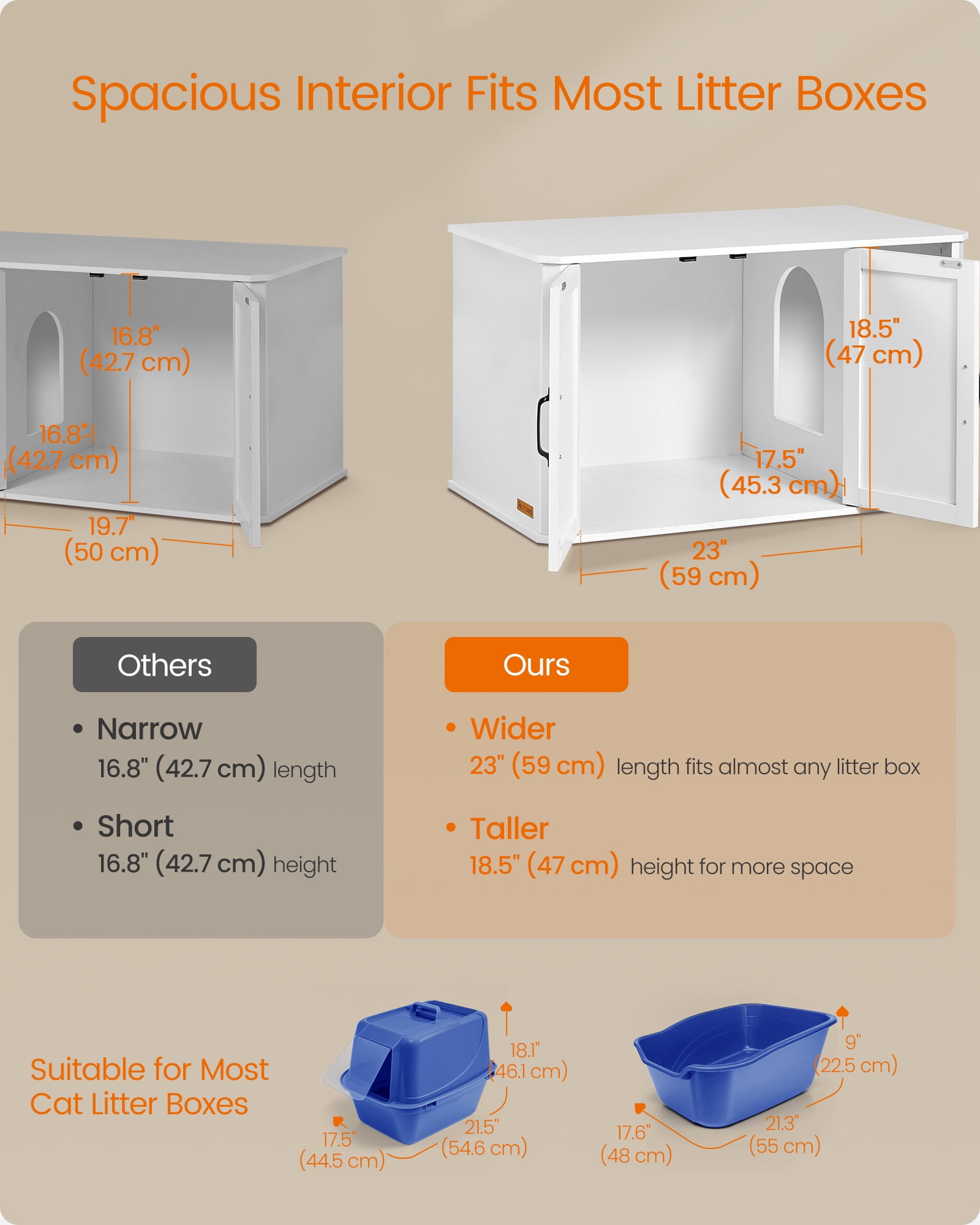 Litter Box Enclosure, Modern Cat Litter Box Furniture Hidden, with Front Entry, Double Doors, Handles, Cat House, Side End Table, 33.5 x 19 x 19.5 Inches, Cloud White