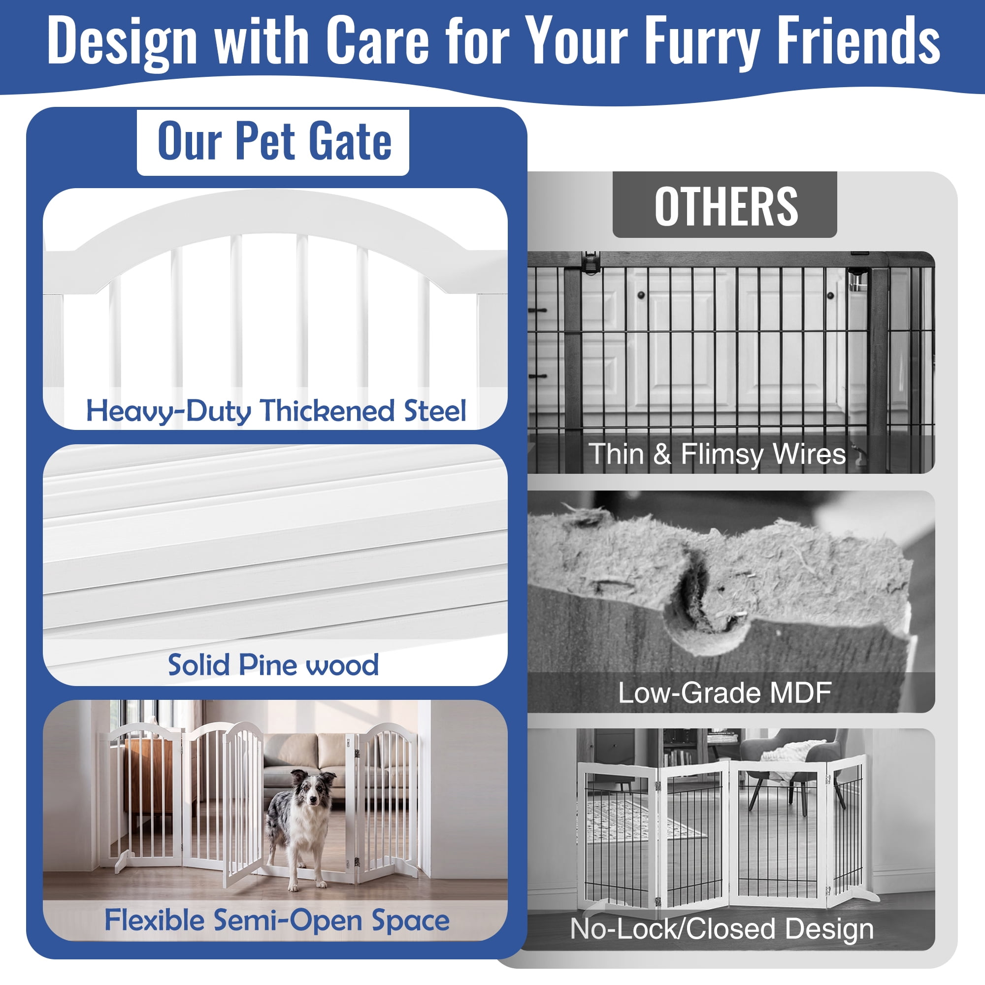TrumanPick 30" H Extra Tall Dog Gates for Doorways, 6-Panel Foldable Pet Gate, 2 Support Feet Dog Fence for Stairs 144"L, White