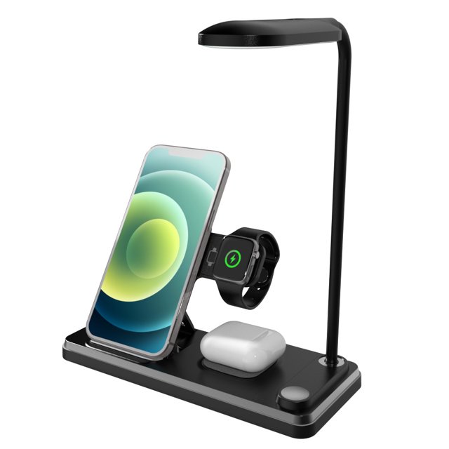 Chargeur Sans Fil Pliable Multifonction 15W avec Veilleuse LED et Support de Téléphone, Compatible avec Apple Watch/iPhone/AirPods, Design Portable pour Usage Domestique et Bureau