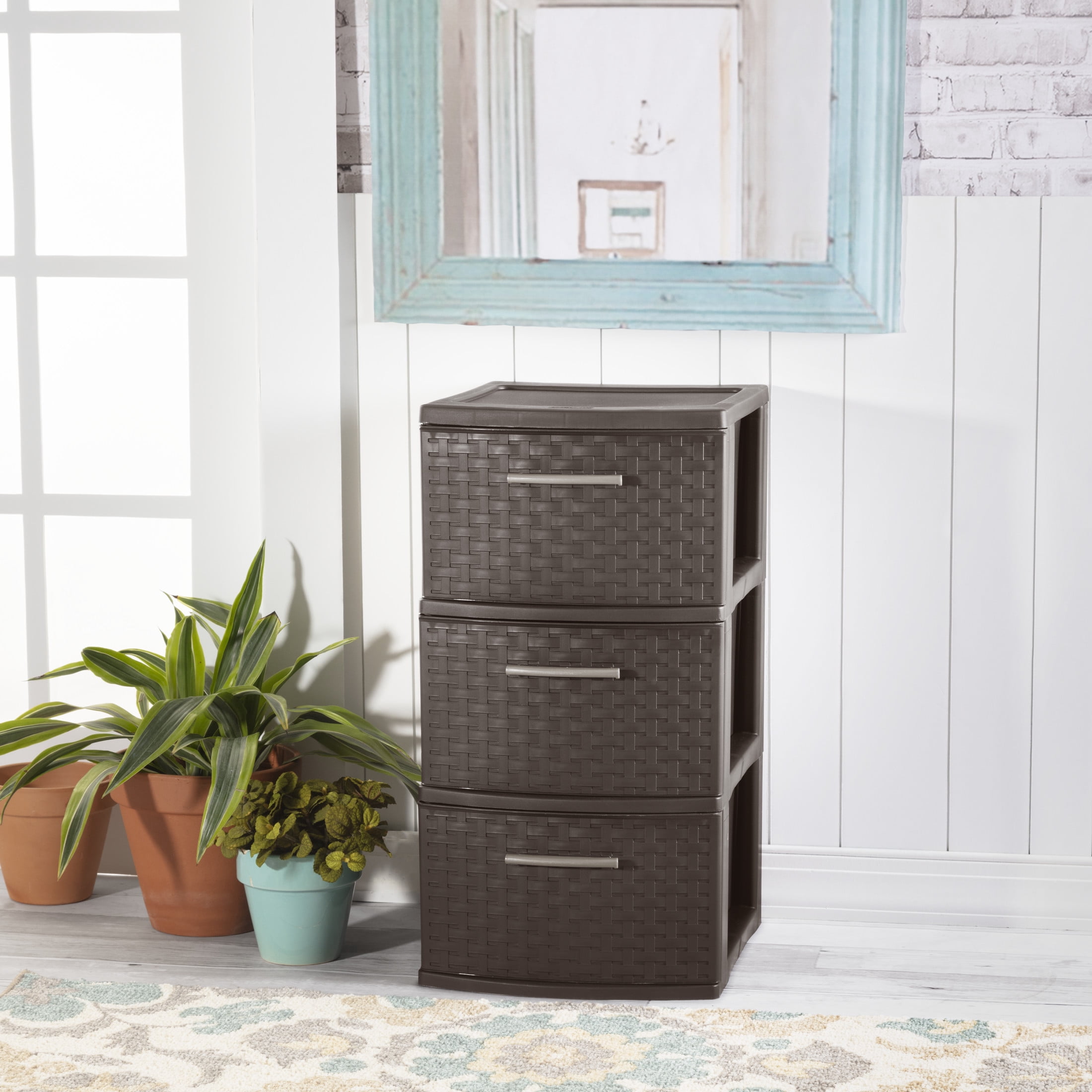 Sterilite 3 Drawer Weave Tower, Plastic Décor Drawers with Pull Handles, Brown