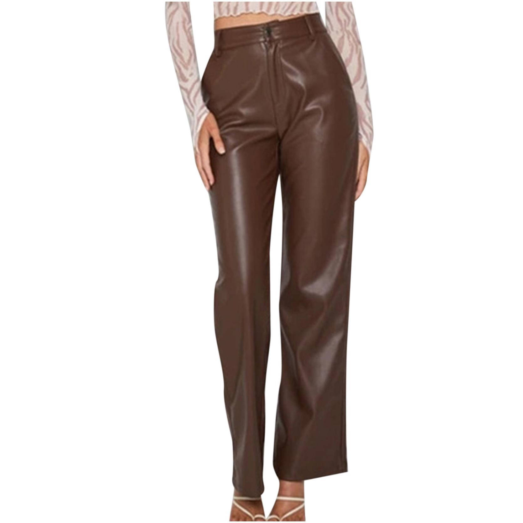 Oksale Faux Leather Pants for Women High Waisted Leggings Pants Wide Leg PU Pants Solid Color Trousers with Pockets 2025 Brown XL