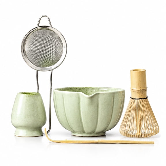 5-Piece Matcha Kit, Ceramic Bowl & Bamboo Whisk Accessories Set, Mottled Green Tea Making Supplies