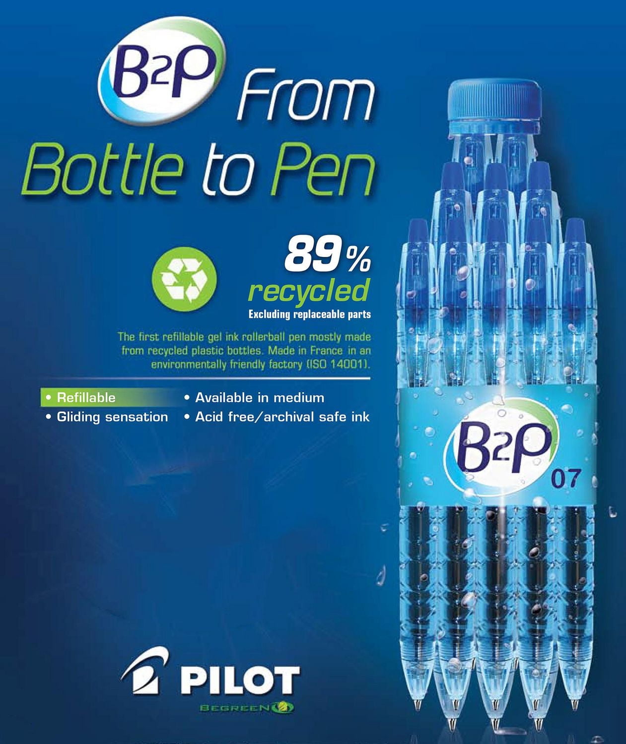 PILOT B2P Stylos à bille roulante rétractables à encre gel - Noirs Pointe fine de 0,7mm, 2-pqt