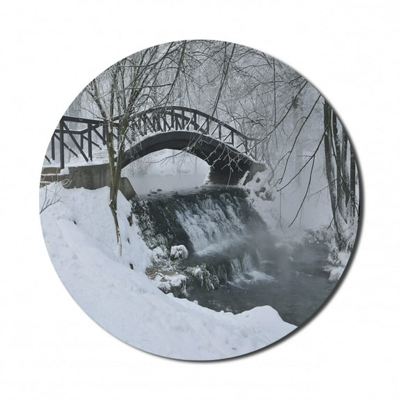 Winter Mouse Pad for Computers, Snow Season Photography Small Wooden Bridge over Very Cold River at Early Morning, Round Non-Slip Thick Rubber Modern Mousepad, 8" Round, White Brown, by Ambesonne