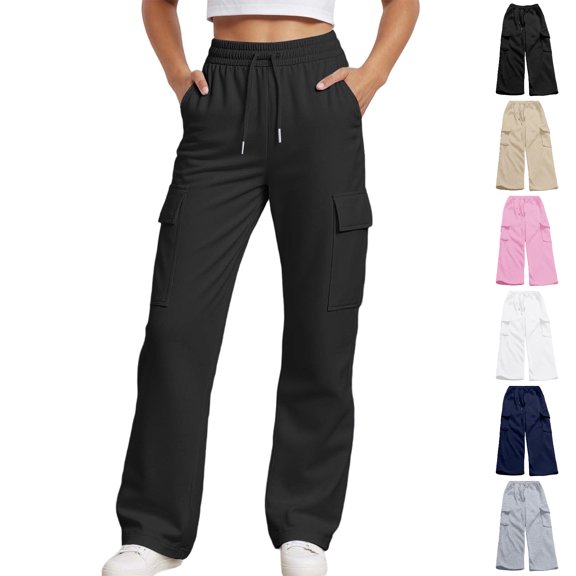 XINXIAOO Girls Loose Fit Cargo Pants Elastic Waist Straight Leg Utility Black Pants with Side Pockets Girls 12-13 Years Clothes