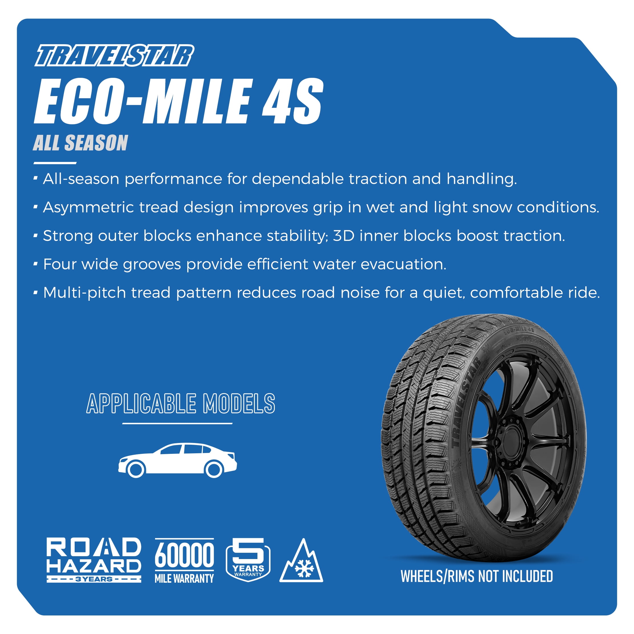 Travelstar Eco-Mile 4S All Weather Tour 215/55R17 98V XL Passenger Car Tires 215/55R/17 (Tire Only, Wheels Not Included)