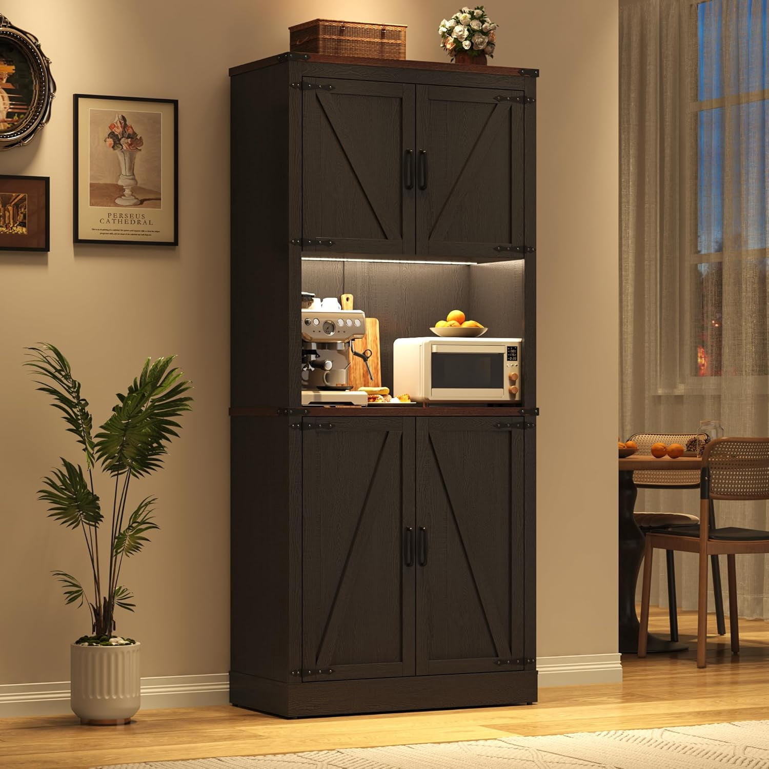 72" Tall Farmhouse Kitchen Pantry Cabinet with 10 Side Shelves and LED Light & Power Outlet, 5 Layers Pantry Storage Cabinet with Barn Doors&Load-Bearing Steel Pipe for Dining Room,Living Room