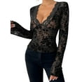 thumbnail image 2 of Women'S Floral Embroidery Mesh Lace Round Neck Long Sleeve Top Black XL, 2 of 6