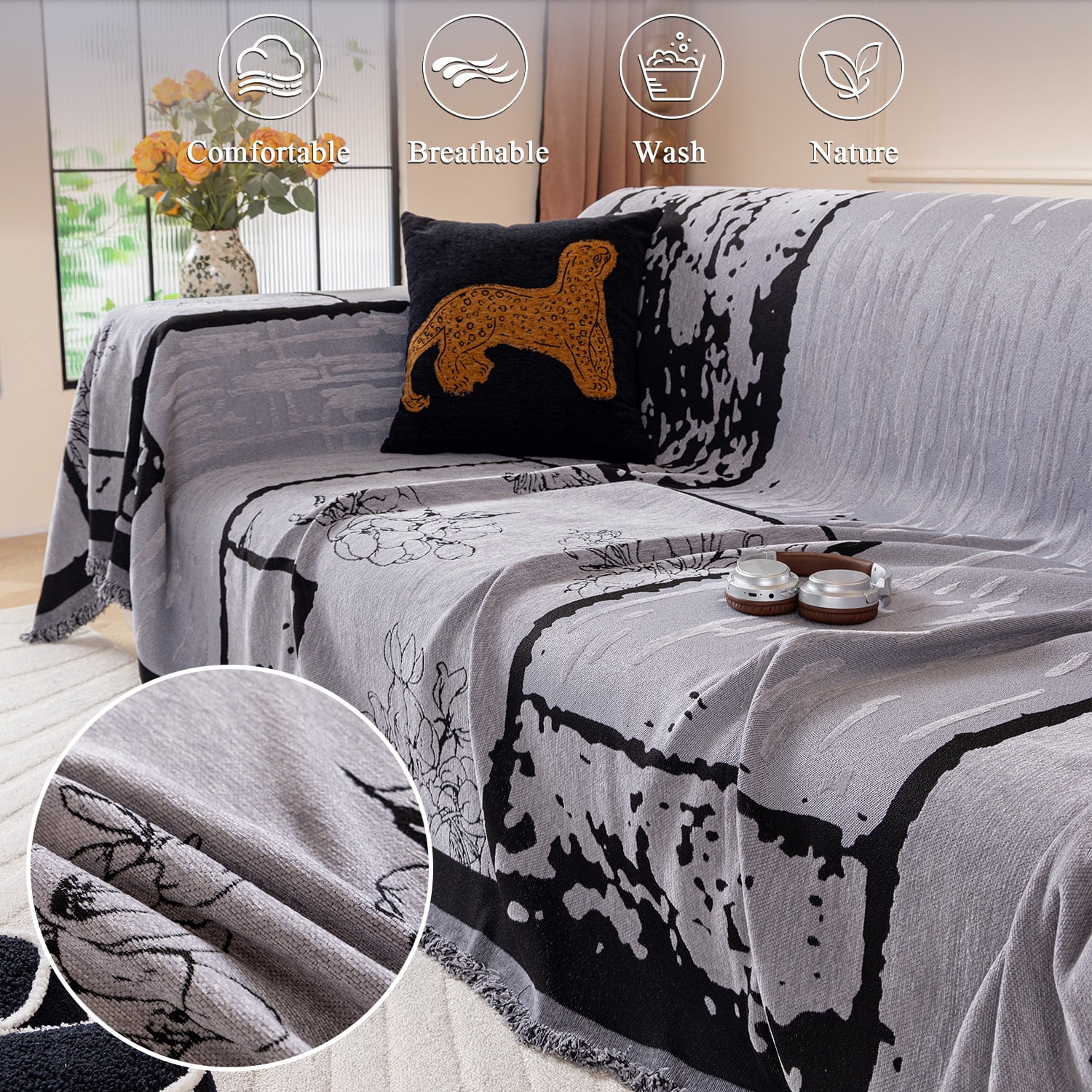 NAYOROOM Vintage Gray Sofa Cover, Couch Covers for 3 Cushion Couch Sofa, Sectional Couch Covers for Living Room Sofa Throws Sofa Slipcovers (71"x 118",Large )