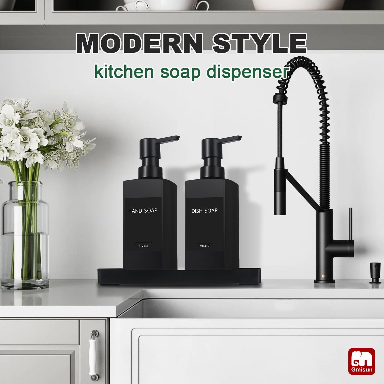 GM GMISUN Black Glass Soap Dispenser with Tray,Hand and Dish Soap Dispenser Set for Bathroom 12oz
