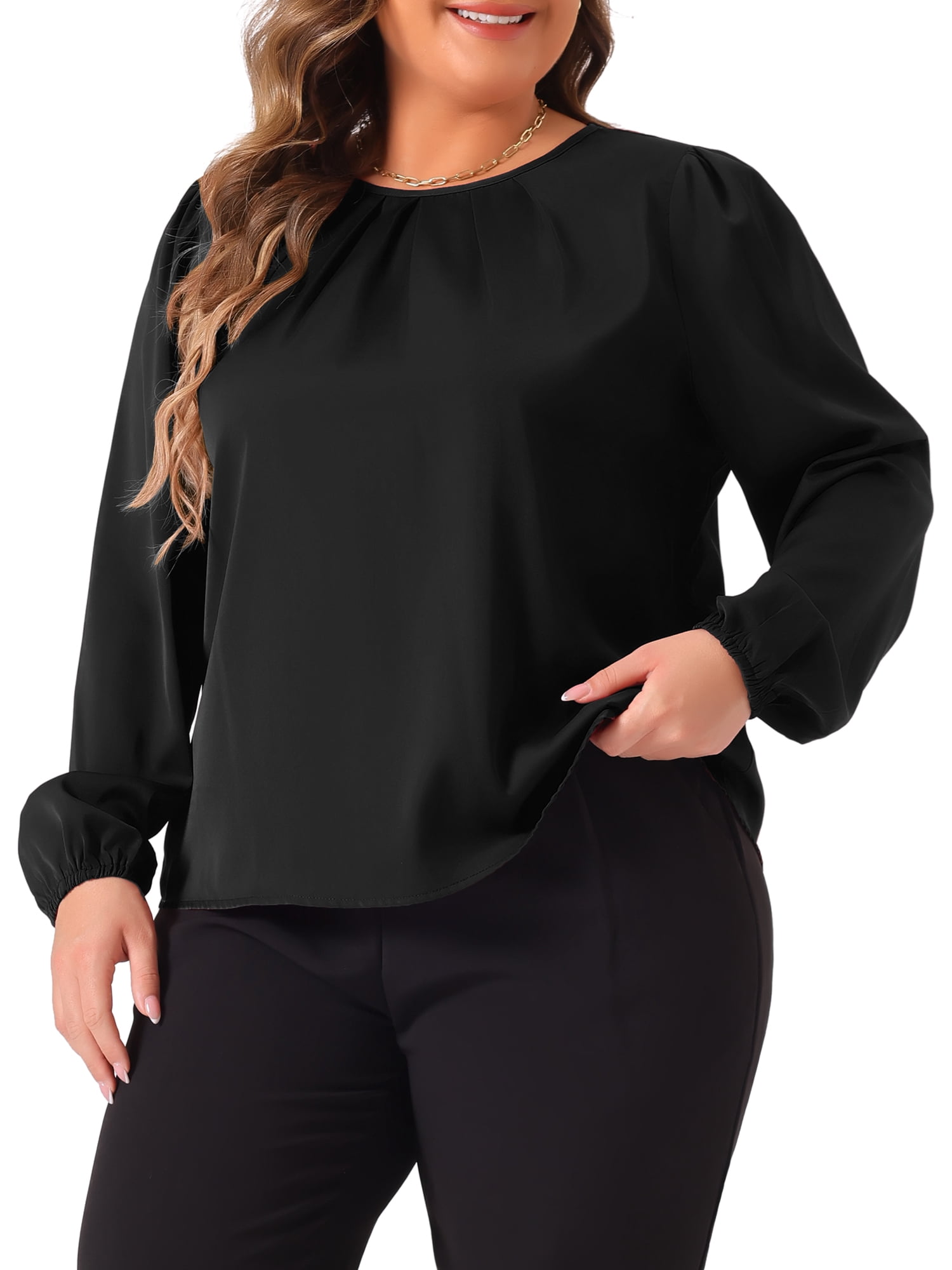 DARING DIVA Women's Plus Crew Neck Pleated Blouse 4X Black