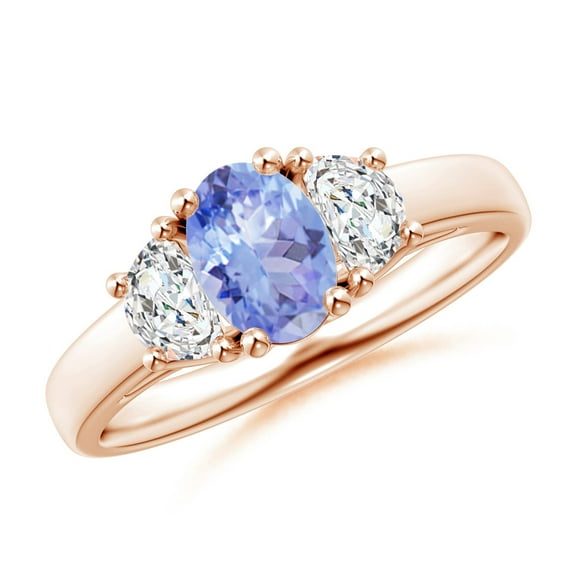 ANGARA Natural Three Stone Oval Tanzanite and Half Moon Diamond Ring in 14K Rose Gold for Women (Size-7x5mm) | December Birthstone, Anniversary, Jewelry Gift for Women | Natural Tanzanite Ring
