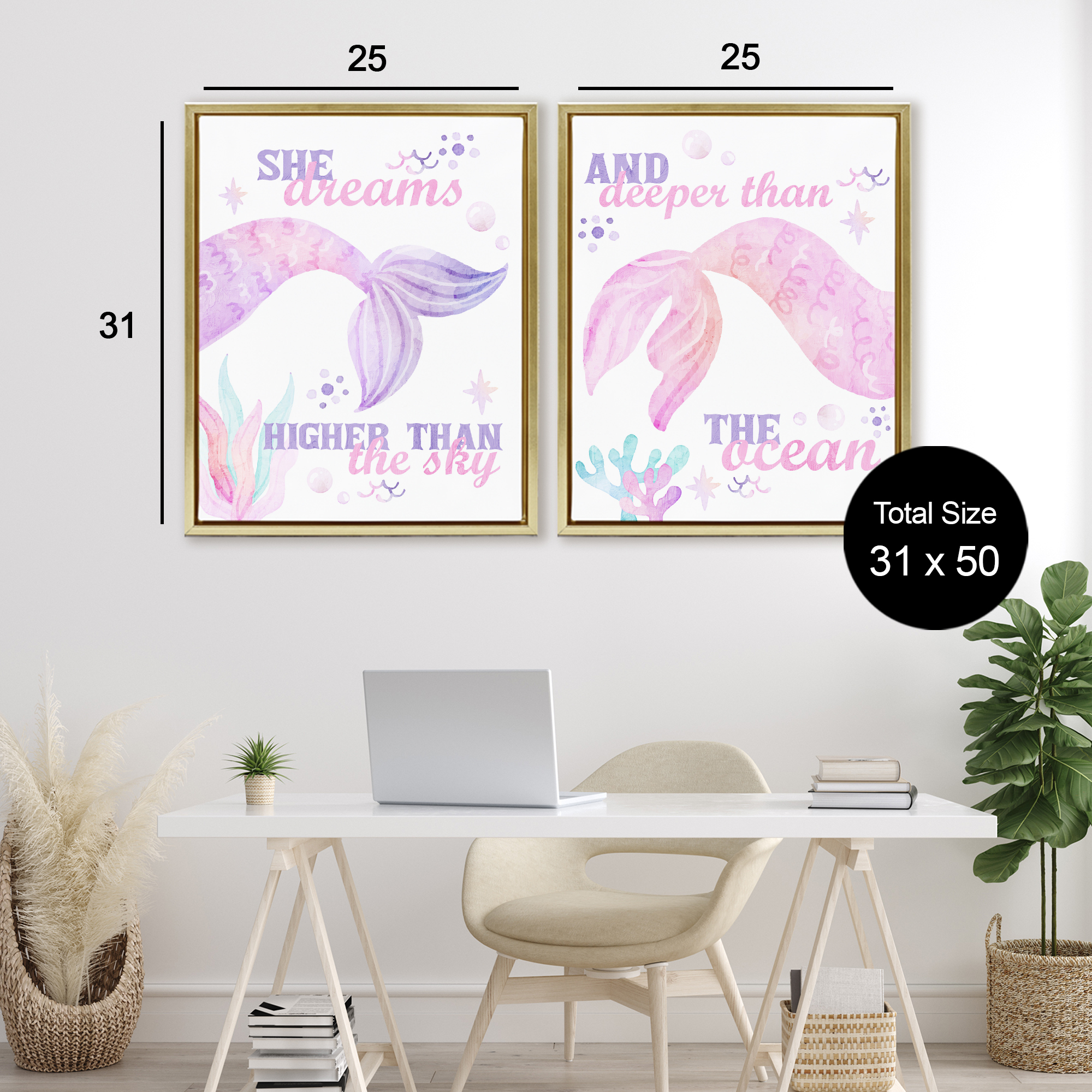 Mermaid Dreams Ocean & Sky 2 Piece Gold Framed Floater Canvas Set, design by Kim Allen