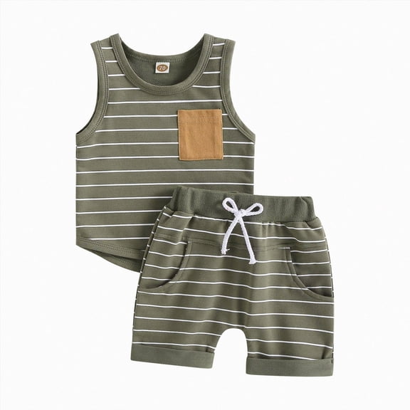 HCNTES Baby Boy Tank Outfit Toddler Baby Boy Clothing Set 12 18 24 Month 2T 3T Summer Clothing Stripe Knit Sleeveless Vests Shirts Shorts Set