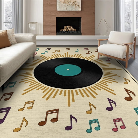ODIKA 8'x10' Washable Area Rug Vinyl Record Vintage Turntable Motif Soundwave Music Retro Note for Living Room, Under Sectional, Family , Durable, Non-Slip