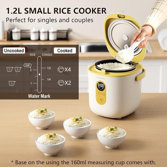 Mini Rice Cooker 2 Cup Uncooked, Small Travel Rice Cooker with Portable Handle, 24-H Timer Delay, LED Display, 1.2L Non-stick Inner Pot
