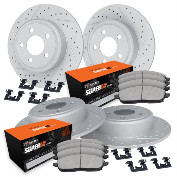R1 Concepts Drilled and Slotted Carbon Coated Disc Brake Rotor Set with Super Duty Pads and Hardware WBXH2-76006