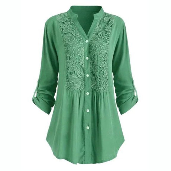 VANLOFE Women's Blouses Long Sleeve Shirts For Women Women Ladies Large Size Button Solid Lace V-Neck Long Sleeve Shirt BlouseBlouses For Women Fashion Green