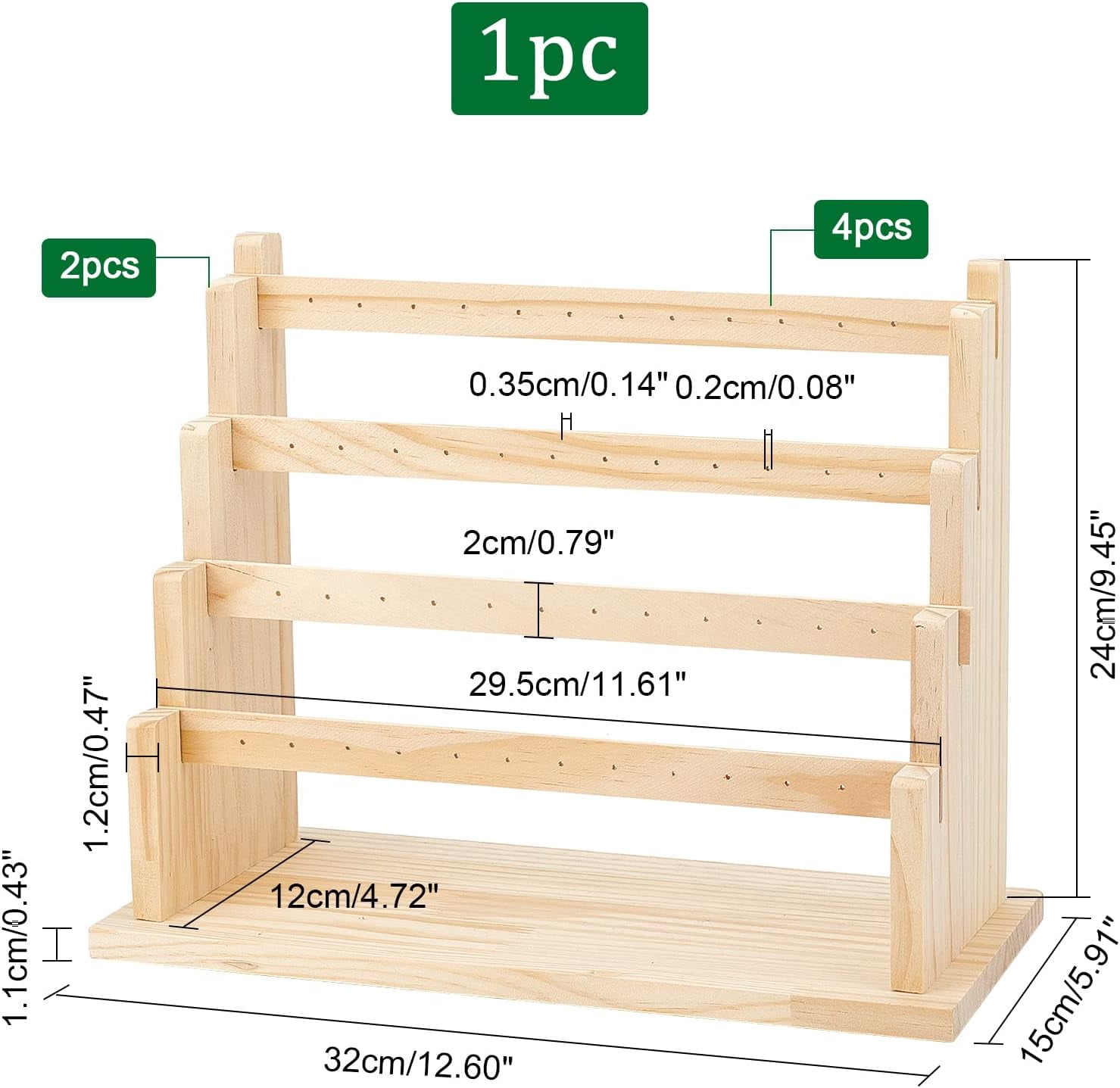 PH 4 Tier Jewelry Display Stand 48 Holes Wood Earring Holder Ear Stud Display Rack Dangle Earring Organizer Jewelry Hanging Holder Stand for Woman Earring Ear Stud Necklace Bracelets for DIY