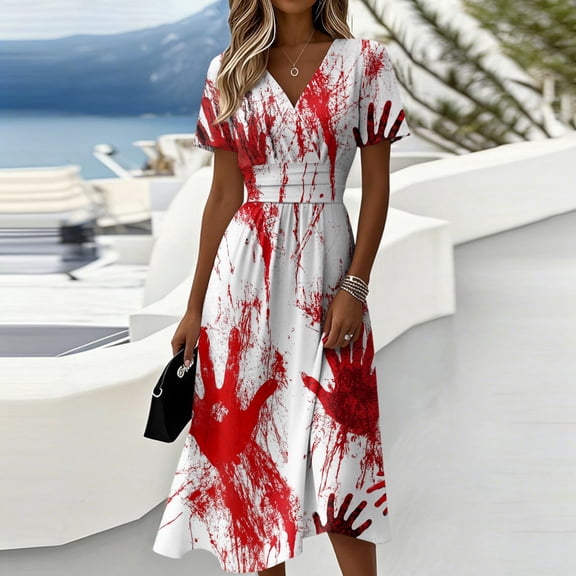 Women's Halloween Dresses Pumpkin Ghost Short Sleeve Spooky Dresses V Neck Horror Causal Dress, M