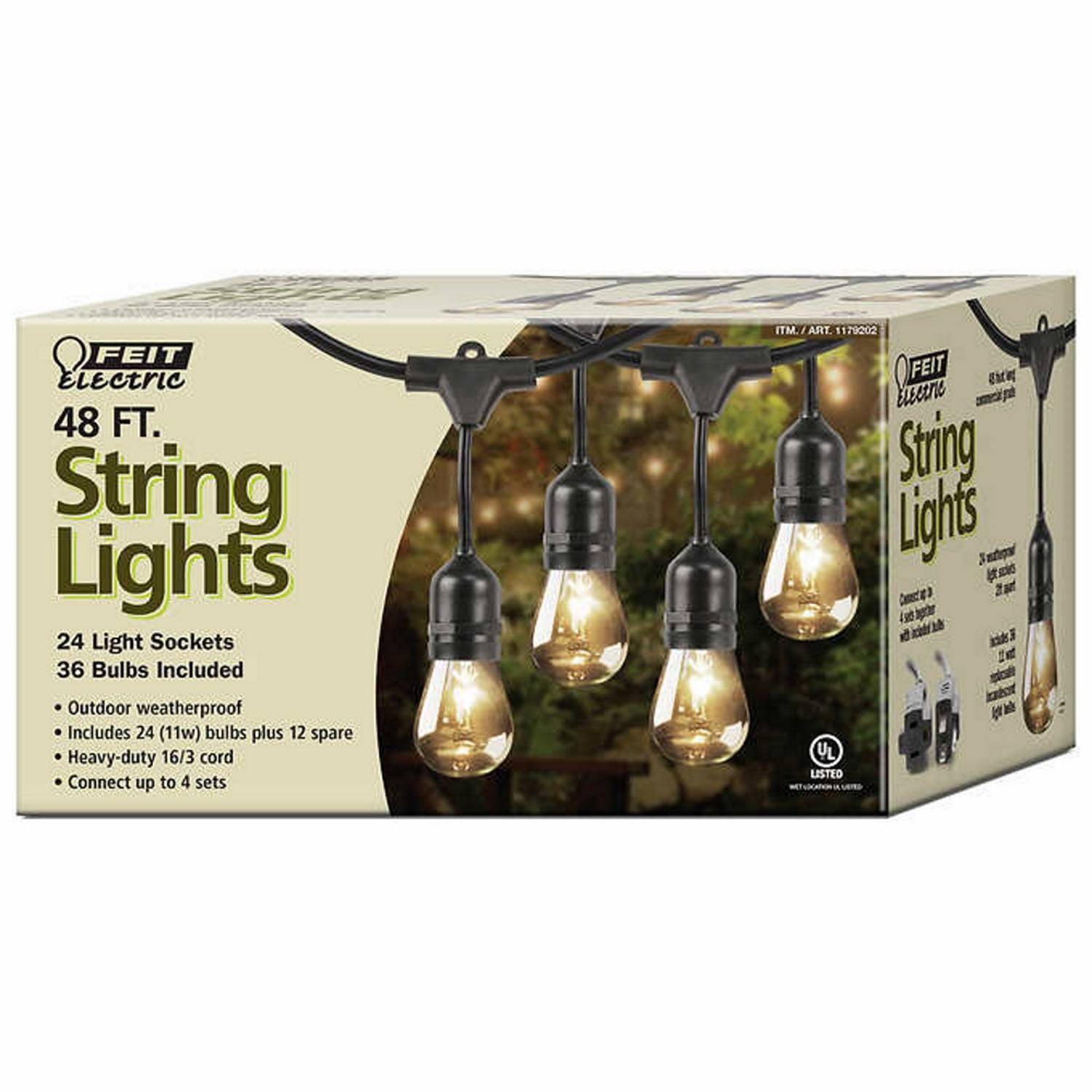 Feit Outdoor Weatherproof String Light Set 48ft 24 Light Sockets w/ 26 LED Bulbs 