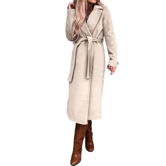 Women's Solid Color Lapel Long-Sleeved Woolen Coat Autumn and Winter Simple Warm Placket Lace-Up Coat M