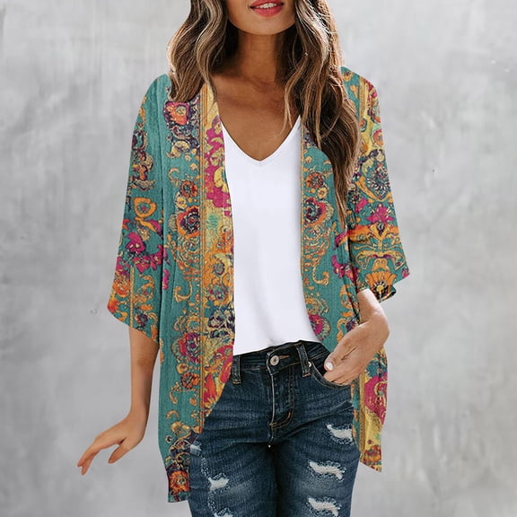 HOMBOM Womens Dusters Kimono Beach Cardigan 3/4 Sleeve Floral Breathable Lightweight Vacation Cover Ups for Young Women