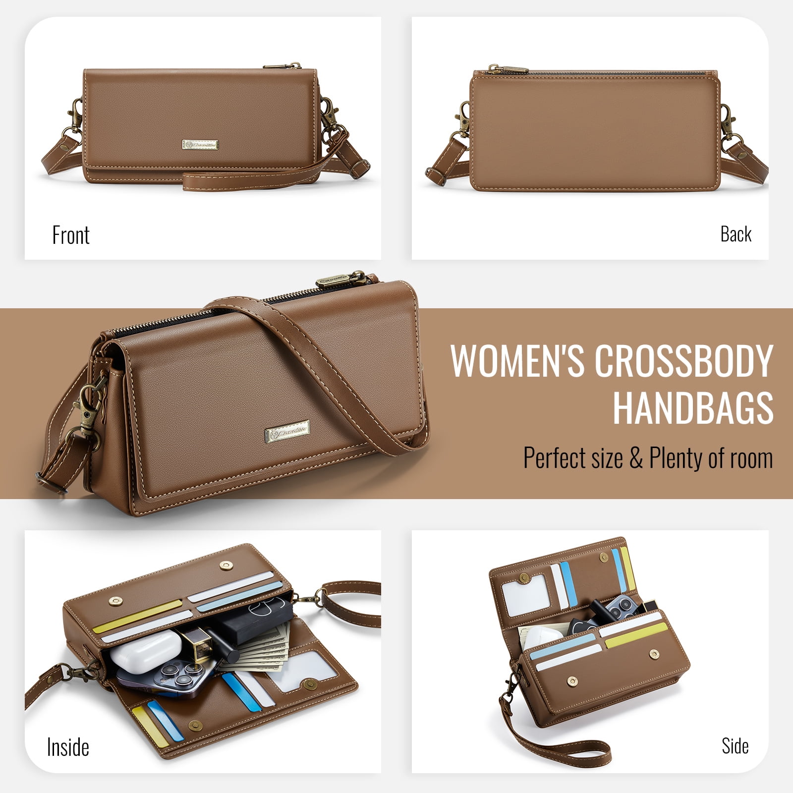 CaseMe Fashion Small Crossbody Bag for Women,Cell Phone Purse Women's Shoulder Handbags Wallet Purse with RFID Blocking Credit Card Slots Zip Small Crossbody Bag Wrist strap/Shoulder strap - Brown