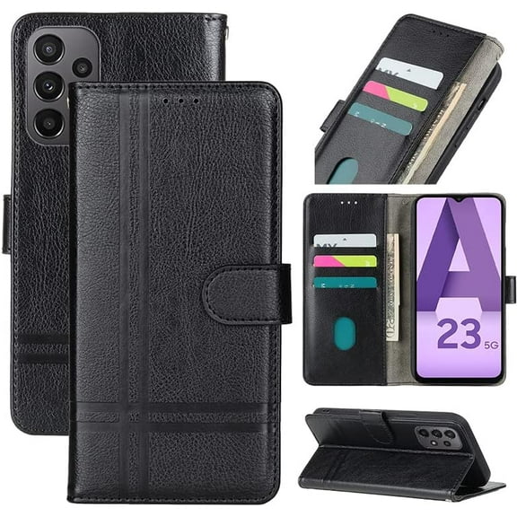 Compatible with Samsung Galaxy A23 5G Case Wallet for Men Women, Luxury PU Leather Folio Cover Shockproof Bumper Magnetic Flip Folding Book Case with Card Holder Kickstand (Black)