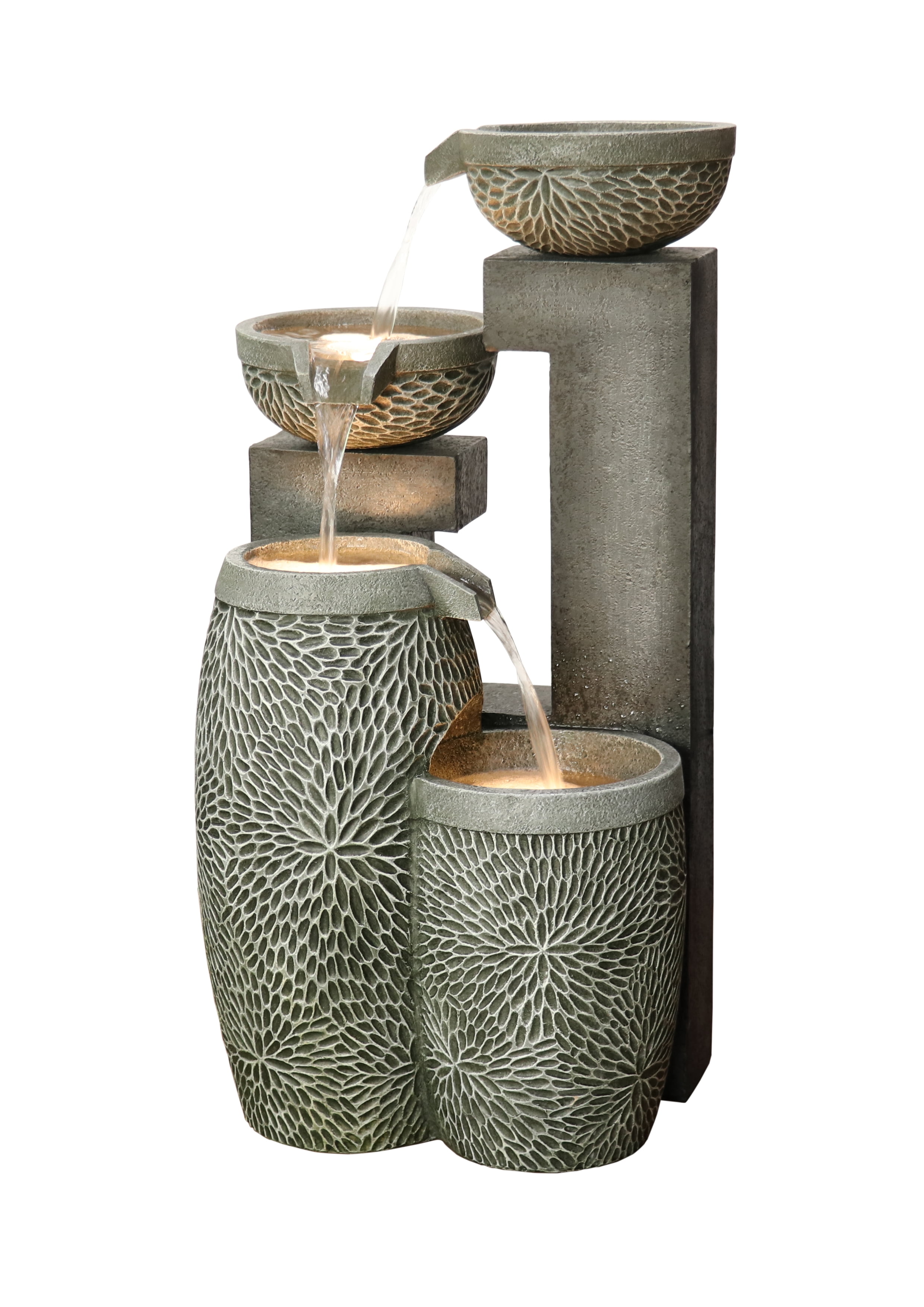 Hi-Line Gift 4 Tiers Modern Cascading Outdoor Water Fountain with Warm White LEDS, Gray