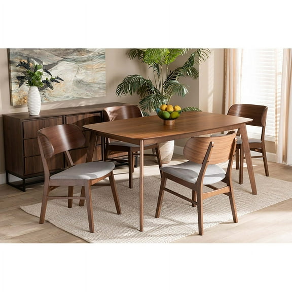 Baxton Studio Alston Mid-Century Modern Grey Fabric Upholstered and Walnut Brown Finished Wood 5-Piece Dining Set