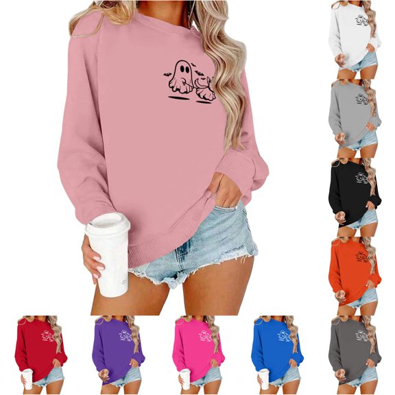 Halloween Sweatshirt for Women Cozy Autumn Sweatshirt Relaxed Fit Hoodless Pullover for Women Comfort Stylish Casual Wear Season Versatile Layer Pink XL