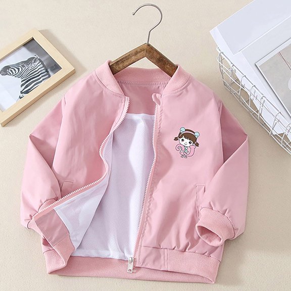 FSYBOA Girls Casual Jacket Size 7-8T, Printed Long Sleeve Loose Fit Stand Collar Fall Outerwear Pink