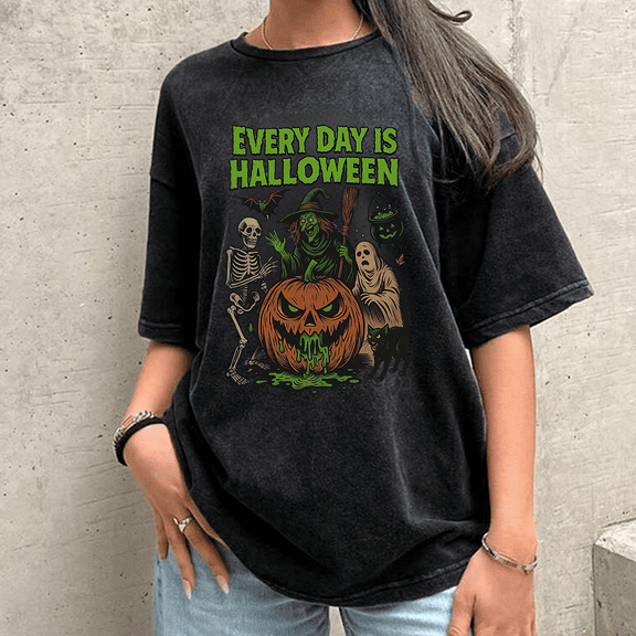 Vintage Halloween Short Sleeve Acid Washed Tops Every Day Is Halloween Print T-shirts Horror Charactersr Graphic Tees Cotton Shirts Black,S