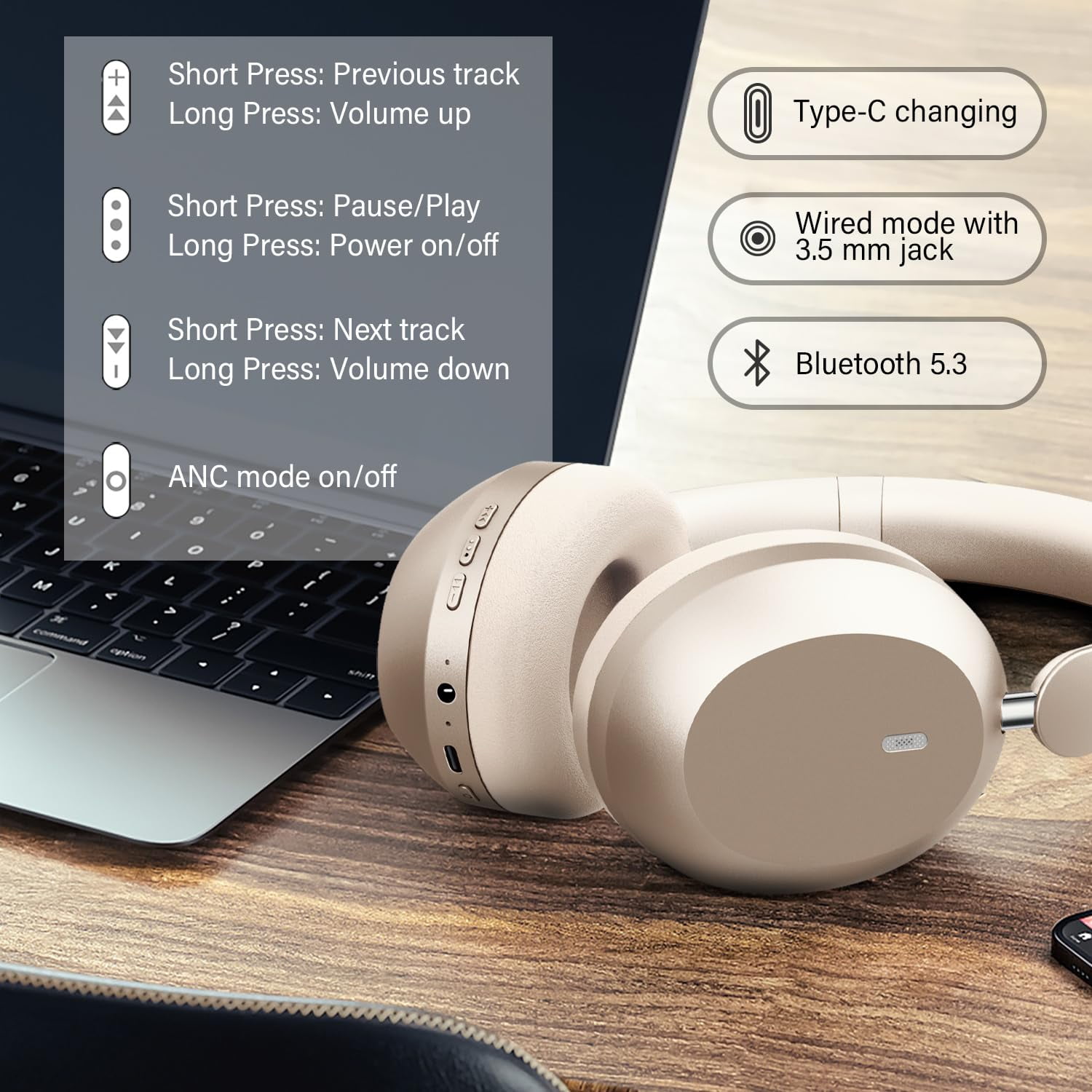 Mahipey Y05 Bluetooth Headphones Wireless Over Ear with Microphone,48 Hours Playtime,High Sound Quality,Foldable Soft Earpads Earphones for Travel/Commute/Workouts Gold