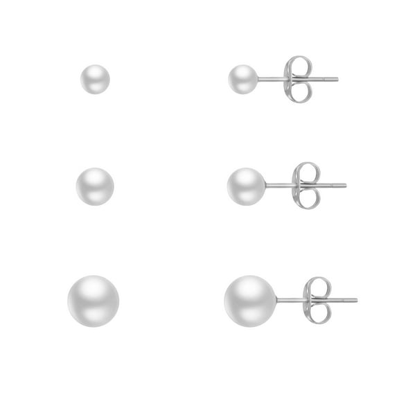 Sensitive Skin Stainless Steel Set of 3 Pearl Unisex Stud Earrings 3mm, 4mm, 5mm Round