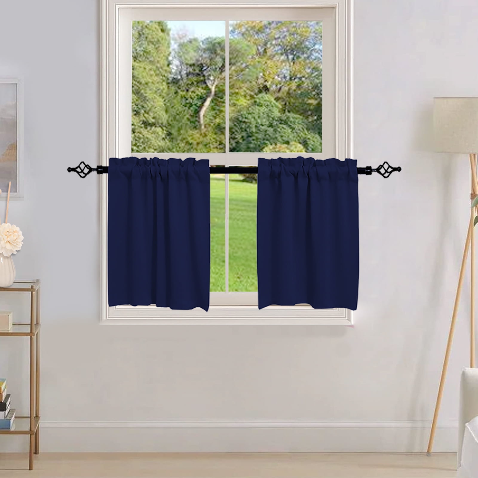 DONGPAI 2 Panels Blackout Kitchen Curtains, Rod Pocket 30 inch Short Curtains Cafe Curtains Bathroom Window Curtains, Navy Blue