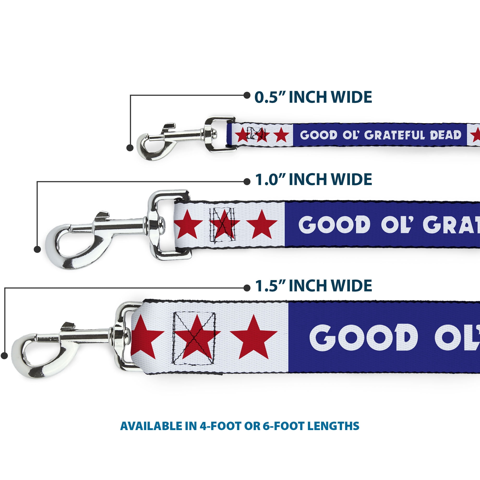 Grateful Dead Pet Leash, Dog Leash, Good Ol Grateful Dead Text and Stars Blue White Red, 6 Feet Long 1.0 Inch Wide