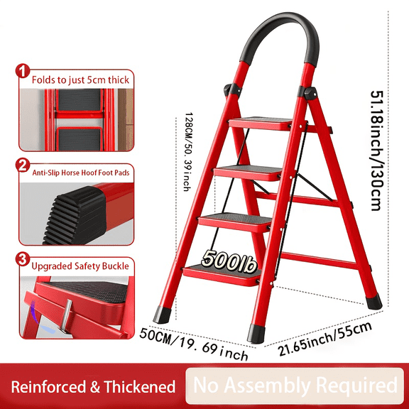 Heavy folding 3/4/5 ladder -500 pound load capacity, anti slip wide steps, safety lock design, portable ladder for household, kitchen, garage, office use, easy to store and stable climbing platform